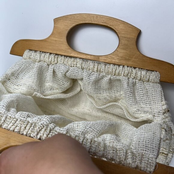 Vintage knitting bag woven woods handle handmade handbag medium size - Picture 4 of 6
